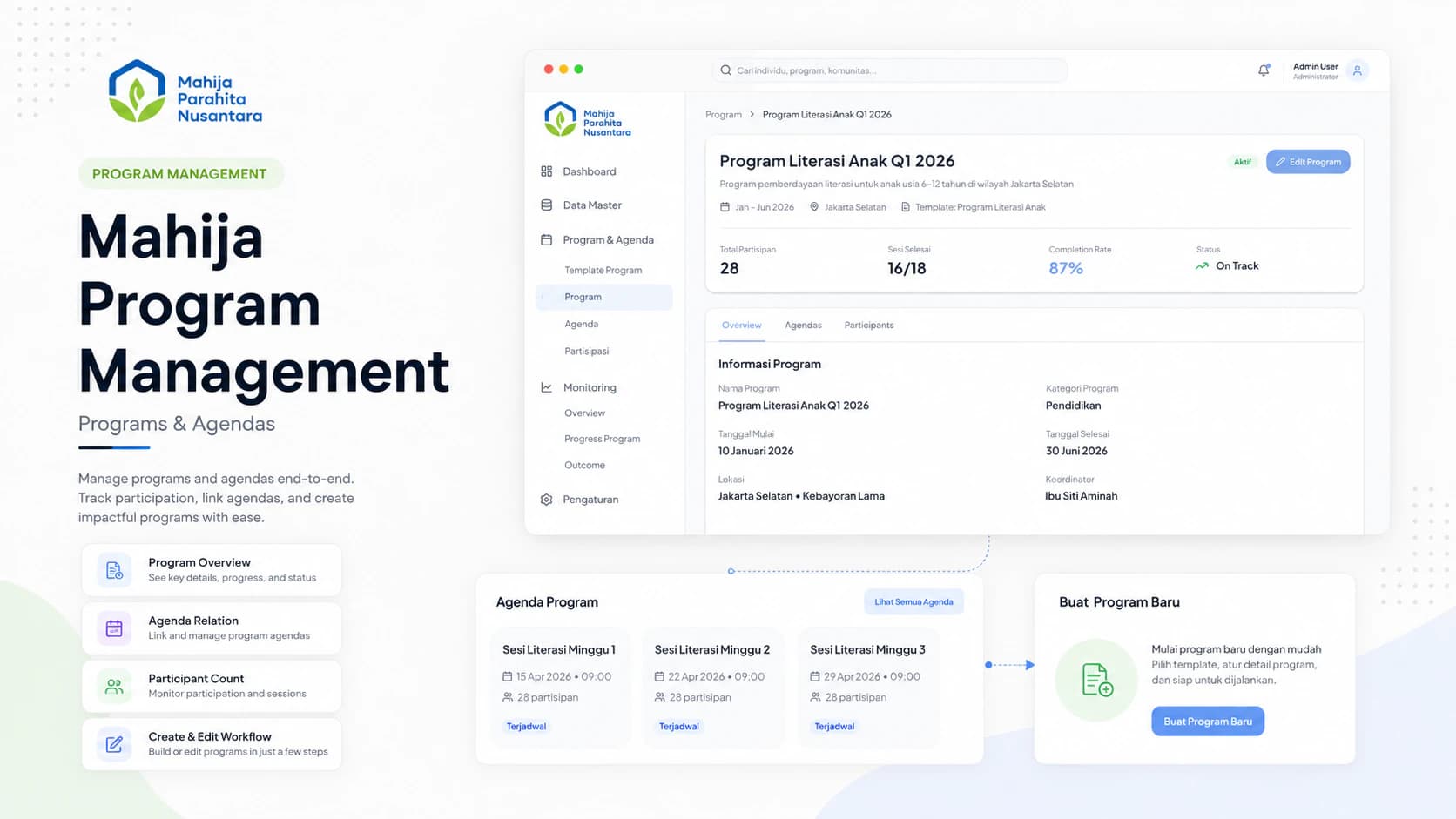Program-management overview showing approved dummy program details and agenda states.