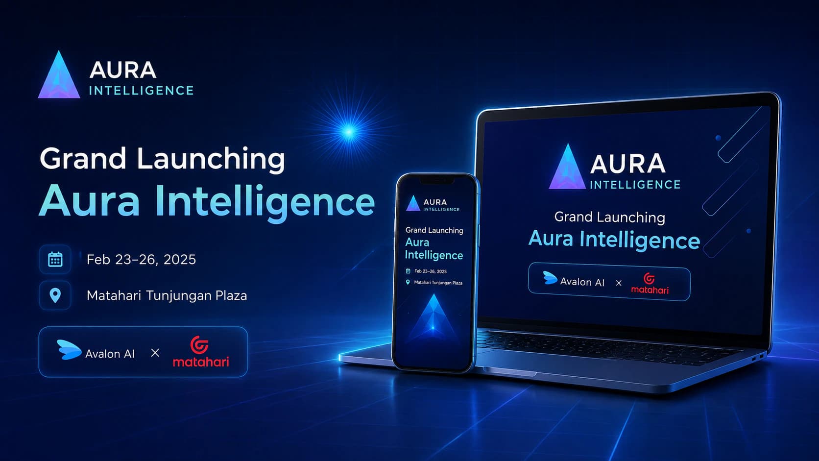 Aura Intelligence launch banner for the Avalon AI and Matahari event at Tunjungan Plaza in February 2025.