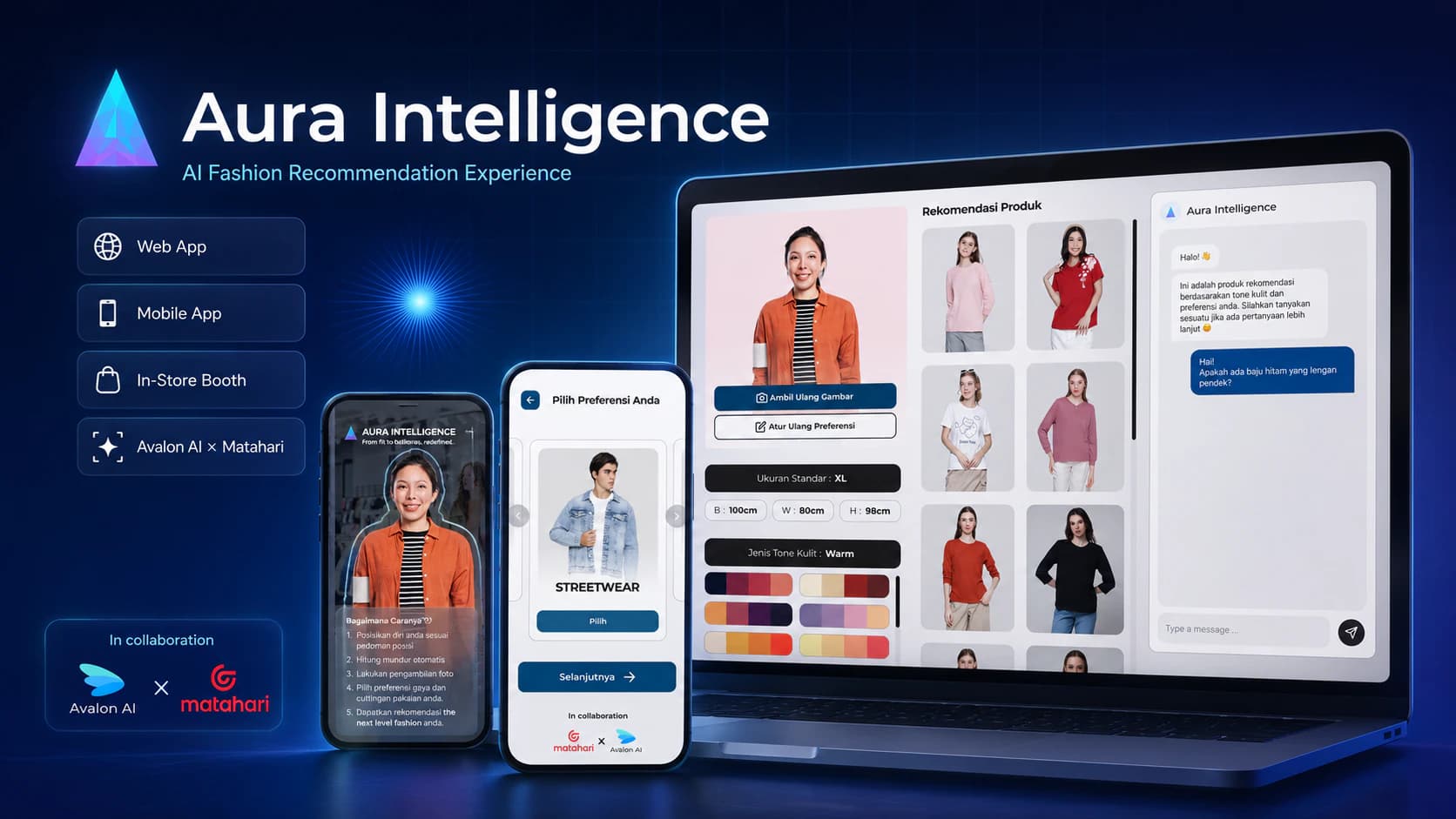 Aura Intelligence experience across web and mobile screens for personal color analysis and fashion recommendations.